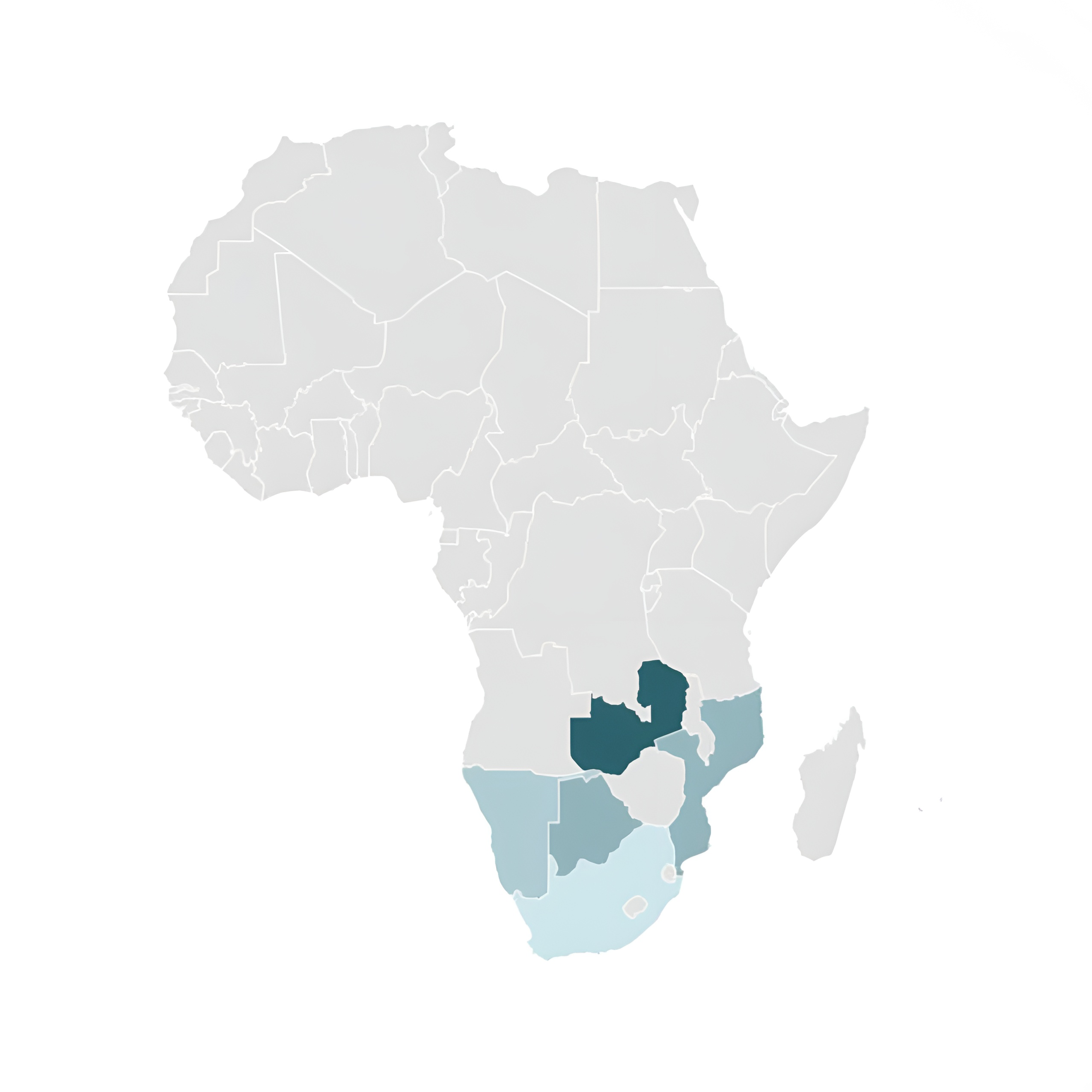 Map of Africa showing Sub-Saharan project locations including Botswana, Zambia, Mozambique, Namibia, South Africa and regional markets