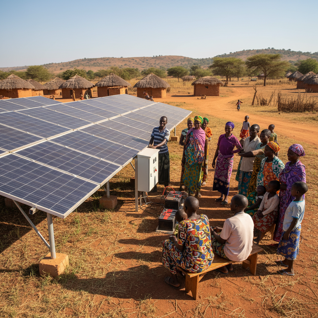 Solar-powered mini-grid installation bringing electricity to a rural African community