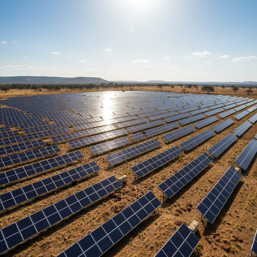 Large solar panel array in African landscape representing utility-scale solar energy deployment