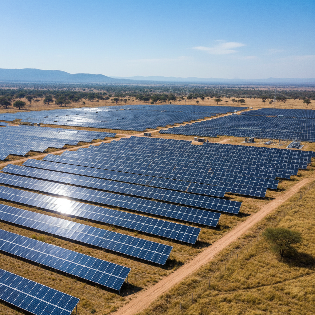 Large solar panel array in African landscape representing utility-scale solar energy deployment