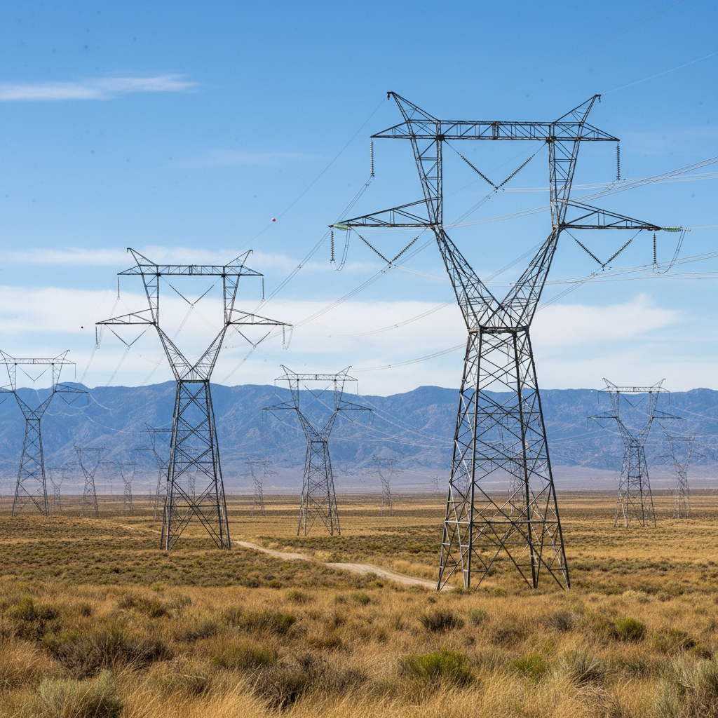 High-voltage power transmission towers and grid infrastructure in landscape