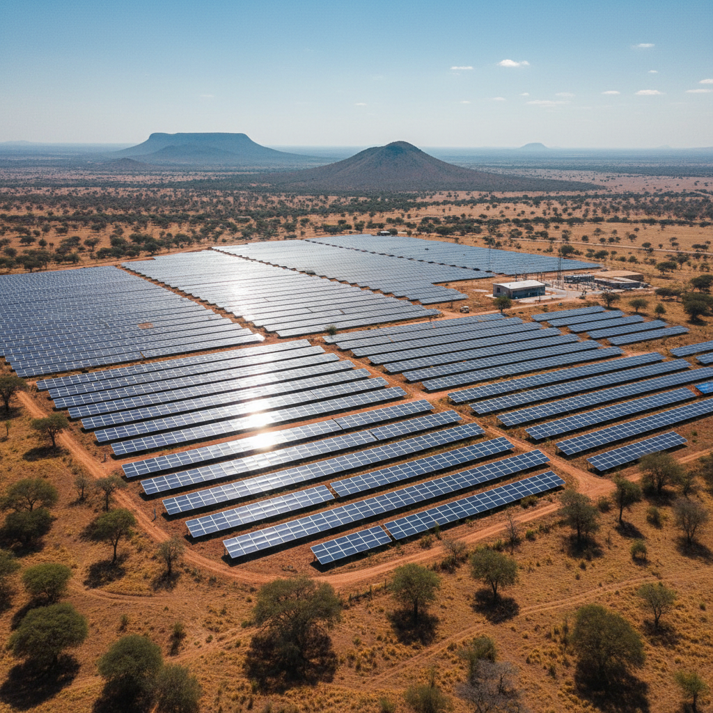 Large solar panel array in African landscape representing utility-scale solar energy deployment
