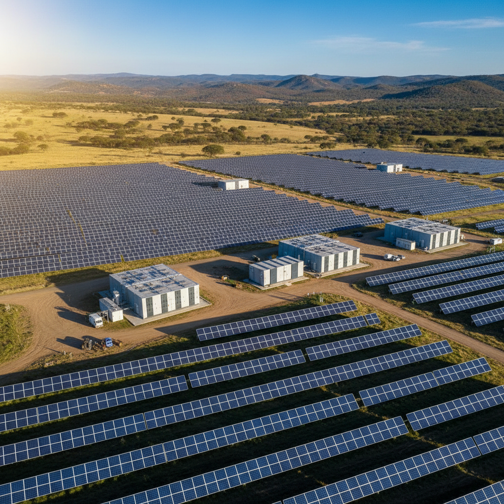 Solar farm with battery storage in South Africa representing green energy initiative