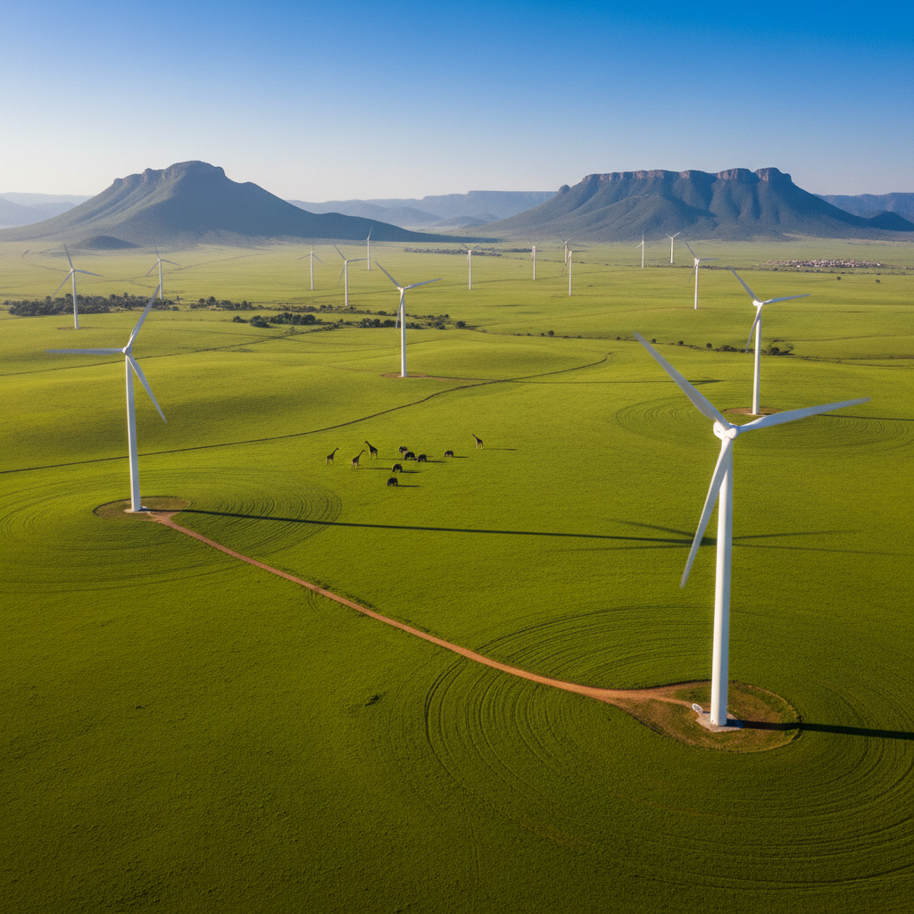 Panoramic African landscape with wind turbines representing the continent's renewable energy investment potential